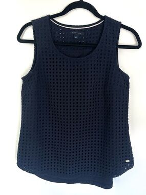Tommy Hilfiger Navy Eyelet Top - Sz M - Cotton & Modal